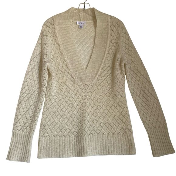 Chunky Knit Sweater Pullover Women L Ivory V Neck Wool Mohair Preppy Grunge - Picture 1 of 6